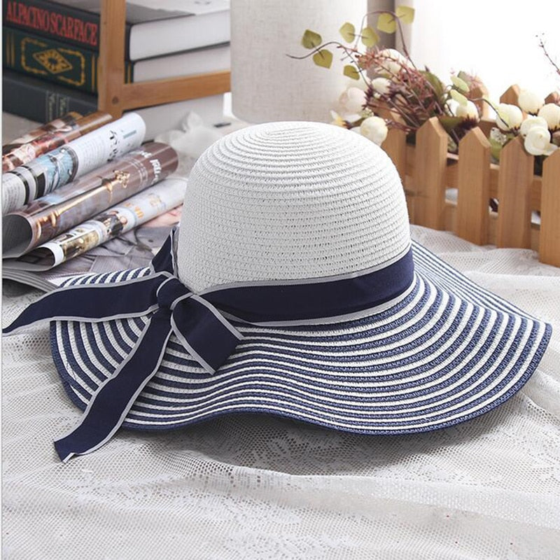 Hepburn Wind Black White Striped Bowknot Summer Sun Hat Beautiful Women Straw Beach Hat Large Brimmed Hat