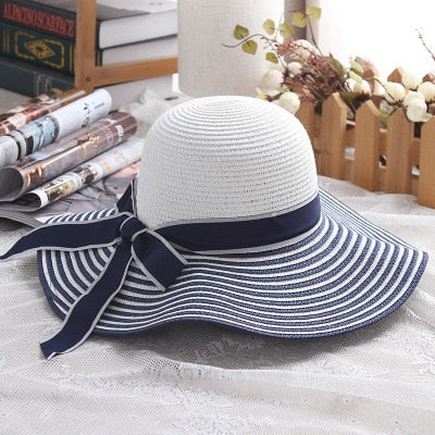 Hepburn Wind Black White Striped Bowknot Summer Sun Hat Beautiful Women Straw Beach Hat Large Brimmed Hat