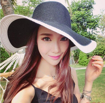 Hepburn Wind Black White Striped Bowknot Summer Sun Hat Beautiful Women Straw Beach Hat Large Brimmed Hat