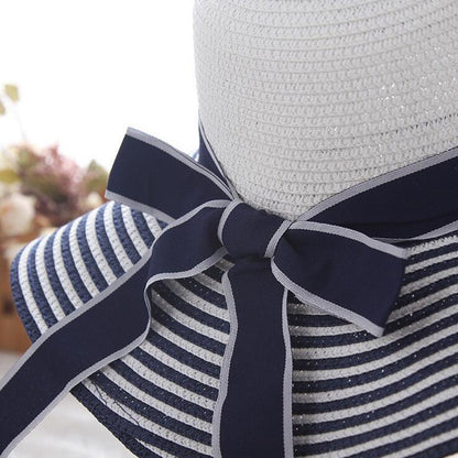 Hepburn Wind Black White Striped Bowknot Summer Sun Hat Beautiful Women Straw Beach Hat Large Brimmed Hat